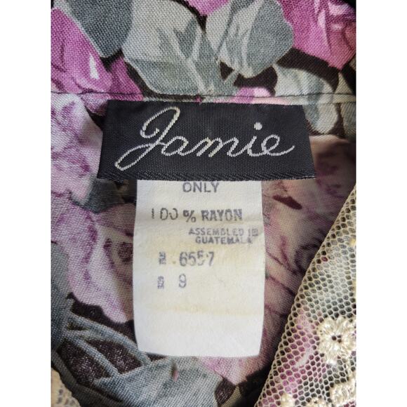 Vintage Jamie Floral Dress Midi Pleated Belt Zipper Shoulder Pads Lace Womens 9 - Picture 6 of 6